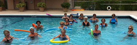 The ladies of Boca Teeca Condo 9 in weekly Water Aerobics Class! Swim Boca Water Aerobics